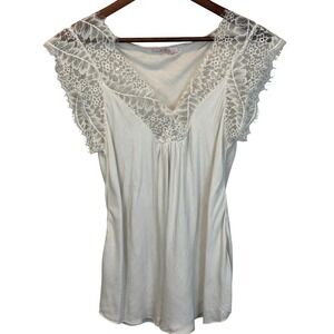 Made in Italy Sheer Champagne Lace V-Neck Blouse Short Sleeve Size Large